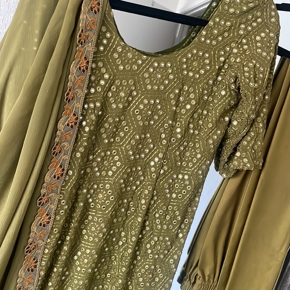 Sea green Indian suit color with pajami and amazing mirror work style on top - Picture 4 of 6